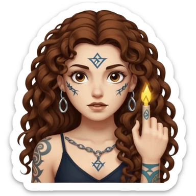woman with long curly brown hair, brown eyes, white skin, tattoos, raising one eyebrow as a rune lights up “obvious” sticker