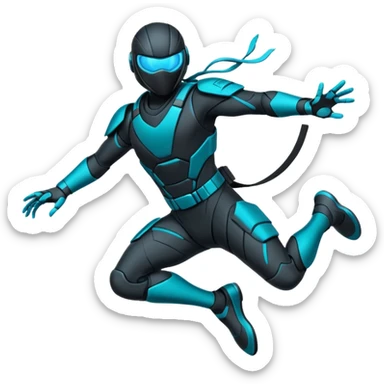 ​"Flat vector sticker, agile cyber-ninja character in a dynamic leap, teal and black tech-suit, glowing accents, die-cut white outline, isolated on white." sticker