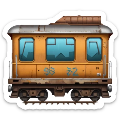 Train hood with boarded windows and broken glass and graffiti on it sticker