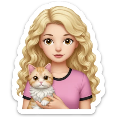 a white girl, she has beautiful brown eyes with curly eyelashes, and long black wavy hair down, wearing a pink short-sleeved shirt, holding a blonde Persian cat. sticker