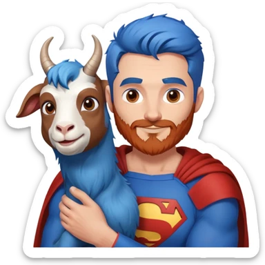 Adult Superman with redish brownish full beard with his arm around a blue hair happy goat sticker