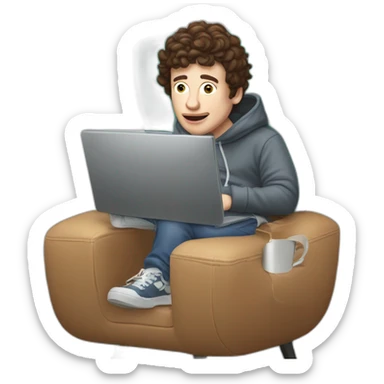 Bighead josh brener from silicon valley in hoodie sittin on a computer chair holding a big gulp sticker