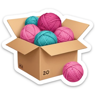 cardboard box with toys, ball of yarn, pink sticker