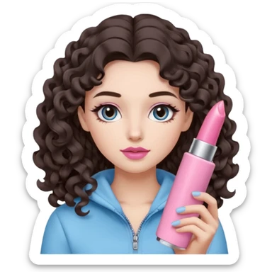 A girl with long dark brown hair styled in loose 36mm curls, round-almond Douyin-style eyes with long curled lashes, cool-tone neutral makeup. She’s wearing a light-blue athletic outfit and holding a normal-size pink lipstick (not oversized) in one hand. sticker