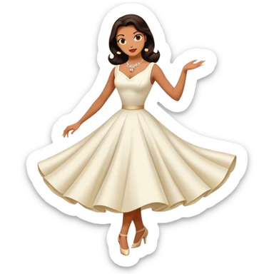 Beautiful woman in 1950’s woman fashion look, white dress, long dark brown hair, balboa dance sticker