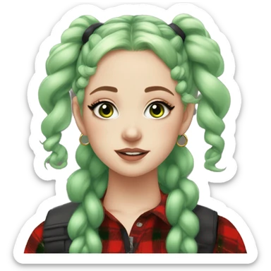  Pale girl, blue eyes, green hair, space buns hairstyle, wearing a red flannel, gold hoop earrings, thick wing eyeliner sticker
