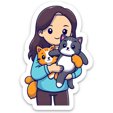Woman with long dark hair holding pets: teddy bear, dog, and cat sticker