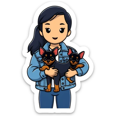 girl in denim jacket holding a Doberman dog sticker