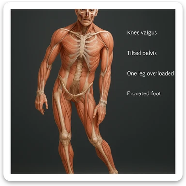 Hyperrealistic 4K anatomical view of a man in a similar position to the reference image. Highlight knee valgus, tilted pelvis, one leg overloaded, and pronated foot. Show bones, joints, and muscles in transparency with realistic anatomical details and a medical atmosphere. Variant 1. sticker