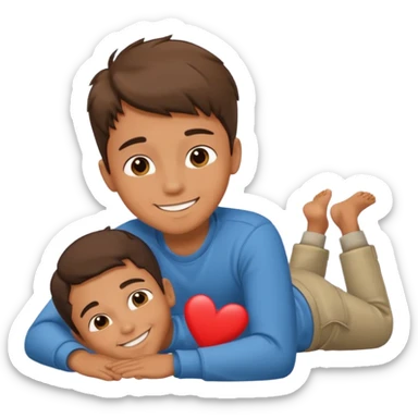 A boy lying down on the floor with love sticker