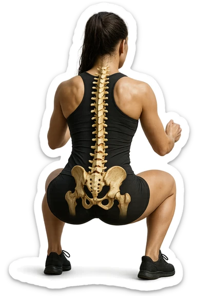 donna di spalle che fa squat con spina dorsale anatomica in evidenza, iperrealistica 4k sticker