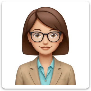 minimal emoji-style avatar of a smiling woman with glasses and short brown hair, dressed in a blazer, friendly, soft colors, subtle expression, plain or lightly colored background, inspired by modern vector illustrations for startups sticker