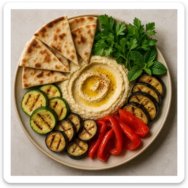 realistic Mediterranean platter with hummus, pita, grilled vegetables, and fresh herbs, top-down view sticker