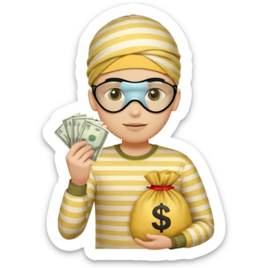 Yellow male with striped shirt holding a money bag with eye mask sticker