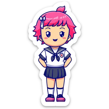 Anime girl with short bright pink hair wearing Japanese sailor style school uniform, confident pose with hand on hip and bright cheerful grin, excited and happy sticker