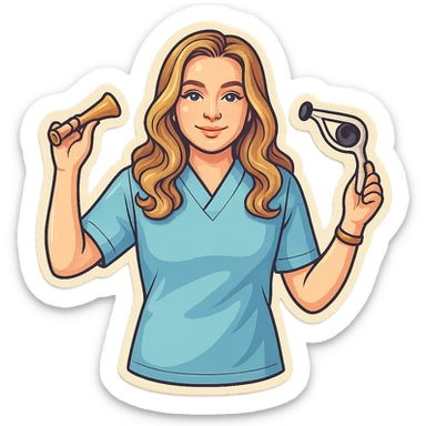 A girl with facial features and light wavy hair as in the reference, wearing a blue medical suit, holding an obstetric stethoscope in one hand, the other hand down, smiling, in retro stickers style with thin clean contours, soft rounded shapes, pastel palette, retro sticker aesthetic, detailed shadows and highlights, soft lighting, transparent background. sticker