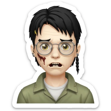 homem zumbi de óculos mullet piercing na boca piercing nas duas sobrancelhas duas orelhas giradas trágus esquerdo furado cabelo preto com muita olheira sticker