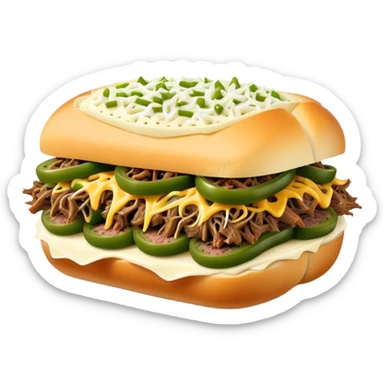 Chicago Italian cheesy beef sandwich. Italian bread, shredded beef, white provolone cheese, green peppers. sticker