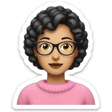 Lady with black hair, glasses, wearing pink jumper,  sticker