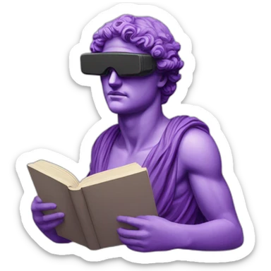 an EMOJI OF A ancient young greek statue reading a book, wearing VR glasses, purple colors, DIGITAL UNIVERSE sticker