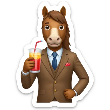 A horse with mustache in a suit holding cool aid drink sticker