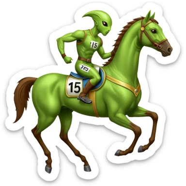 alien riding horse wearing racing cloth with number 15 sticker