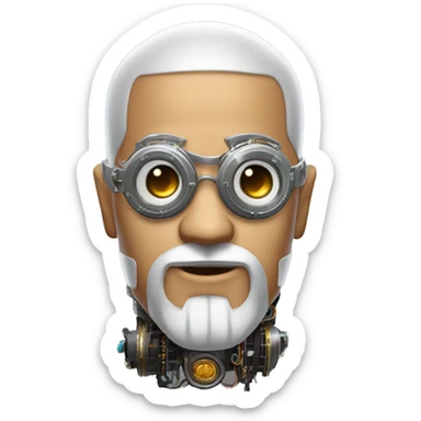 Tan bald male Latino cyborg head with grey beard, silver steampunk monocle goggles and circuits sticker