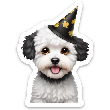 White and black Maltipoo wearing birthday hat sticker