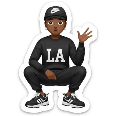 Crea Un Emoji De Cuerpo Completo Que Sea Hombre Con Corte Alucin Que Tenga Gorra Nike, Suéter Negro Que Tenga La Letras LA El La Parte Del Corazón, Zapatos Adidas Con Una Palomita✅, Pantalón Ancho O Bellaco Con Unos Diseños De Palomas Blancas Y Asiendo Una Pose Con Su Mano Que Sea Está 🤙🏽. sticker