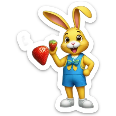 a happy bunny in yellow shorts and a blue vest with a blue bow around his neck sniffs strawberries sticker