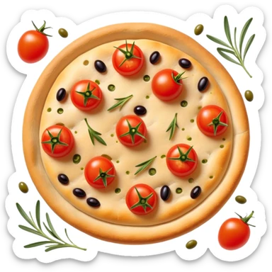 cinematic-realistic-focaccia-bread-dish-emoji,-depicted-as-a-golden,-olive-oil-brushed-flatbread-sprinkled-with-herbs-rendered-with-lifelike-texture-and-soft,-appetizing-lighting showing olives on top and the cherry tomatoes sticker