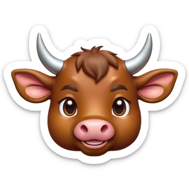 Cinematic Cute Brown Bull Portrait Emoji, Head tilted playfully and inquisitively, featuring a glossy, robust brown hide with a natural sheen, round, sparkling dark eyes filled with gentle curiosity, Simplified yet irresistibly adorable features, highly detailed, glowing with a warm, friendly glow, high shine, affectionate and imposing, stylized with a touch of rugged charm, bright and endearing, soft glowing outline, capturing the essence of a mischievous yet loving bull, so playful it feels like it could stomp out of the screen and into your arms! sticker