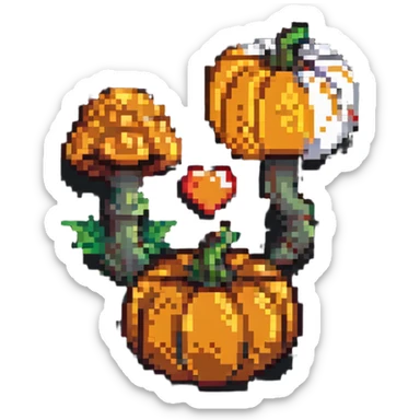 heart with a mushroom on one side and a pumpkin on the other, pixel art style sticker