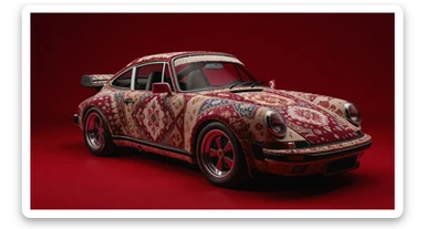 Closeup shot of a porsche 911, body of car made of russian carpet with patterns, red solid studio background,top low key light, dutch angle, haze, captured by ARRI 65 sticker