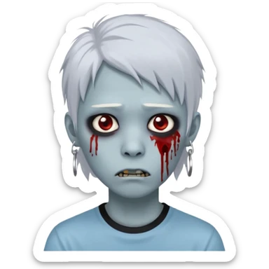 Create a 3D emoji-style avatar with very pale blue-grey zombie skin like the reference image, a young Asian face, and large eyes with blood tears. Give it white mullet-style hair, silver hoop earrings, and a simple black T-shirt. The expression should be neutral or slightly angry sticker