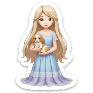 Pastel anime lady long hair with long lace dress full body holding puppy sticker