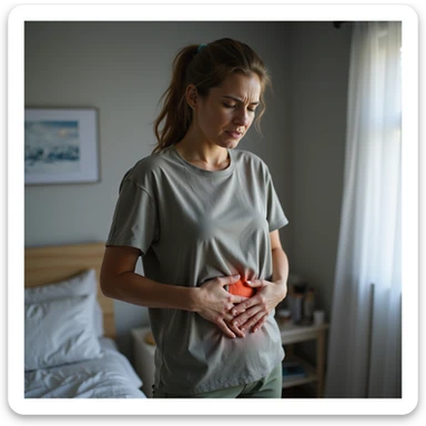 woman holding stomach with painful expression, realistic atmosphere, details of discomfort, home or clinic background sticker