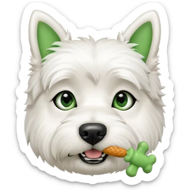 a west highland terrier dog with a green bone treat in its mouth  sticker