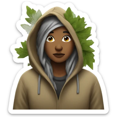 homeless woman in a hoodie with leaves and branches in her hair
 sticker