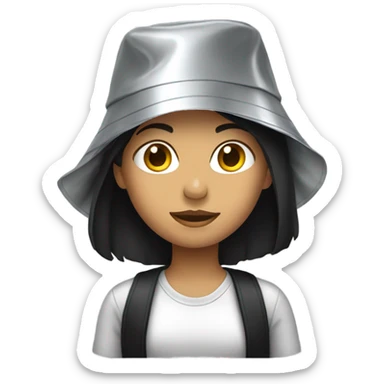 Girl with black hair wearing an aluminum foil hat sticker