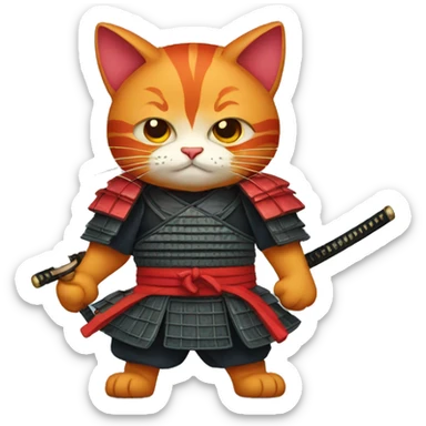 A red cat with a samurai mask and a katana sticker
