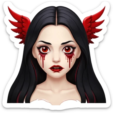 White woman with a white tank top long black hair glossy middle part long hair vamp look with fangs or blood dripping lips mouth closed brown eyes eyeliner winged with lashes top and bottom sticker