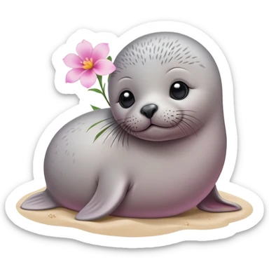 A small, slim baby seal resting gracefully on a sandy beach, with a delicate pink flower placed on its head.  Grey color sticker