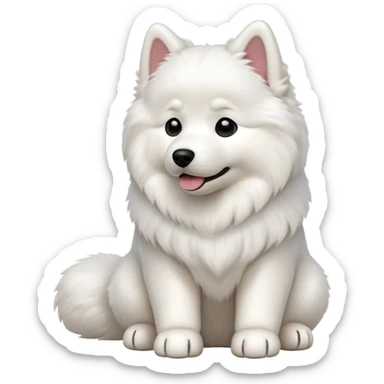 cinematic-[samoyed]-realistic-full-body-sitting-emoji,-tail-resting-loosely-beside-its-paws,-head-tilted-dramatically, -fluffy-[white]-fur,-simplified-yet-realistic-focused-features,-highly-detailed,-glowing-with-an-almost-sarcastic-glow sticker