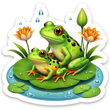 Icon for Amphibians: A colorful collage with various amphibians like a bright green frog sitting on a lily pad, a small salamander with orange spots, and a toad with bumpy skin. Water droplets around them and a pond in the background. Transparent background. sticker