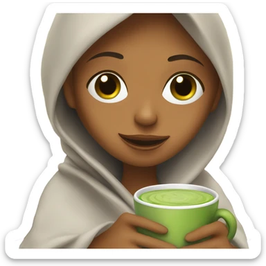 girl inside a blanket sipping coffee, cucumber slices on eyes sticker