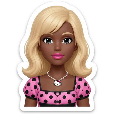 Doll faced shaped, hello kitty necklace, heart shaped cute lips bimbo, black doll eyes, Big lips barbie, dark brown skin with blonde hair, bimbocore outfit pink and black polkadots sticker