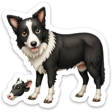A black and white border collie is chewing on a cow's hoof. sticker