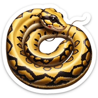 A photo-realistic top-down view of a Ball Python gently coiled into a tight spiral, with its head resting peacefully at the center. The pattern flows smoothly around the curves of its body, emphasizing its natural camouflage and calm demeanor. sticker