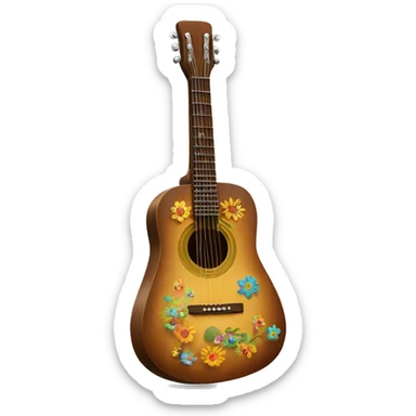 anthropomorphic hippie guitar, showing a sign of peace sticker